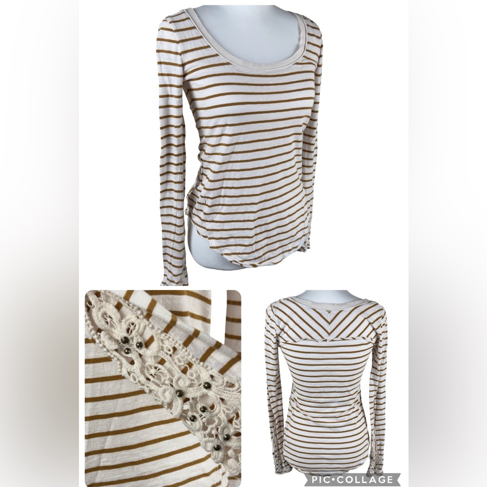 Free People Hard Candy Cream & Brown Striped Crochet Long Sleeve Shirt XS